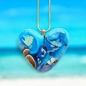 Chic & stylish Heart Pendant Necklace made from Fused Glass. Blue, green and tan